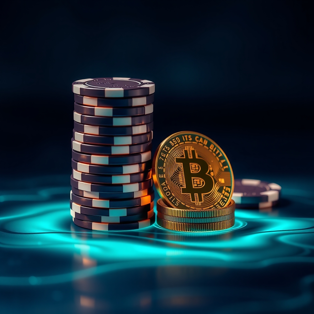 Chip da casino e monete crypto illuminate su sfondo scuro