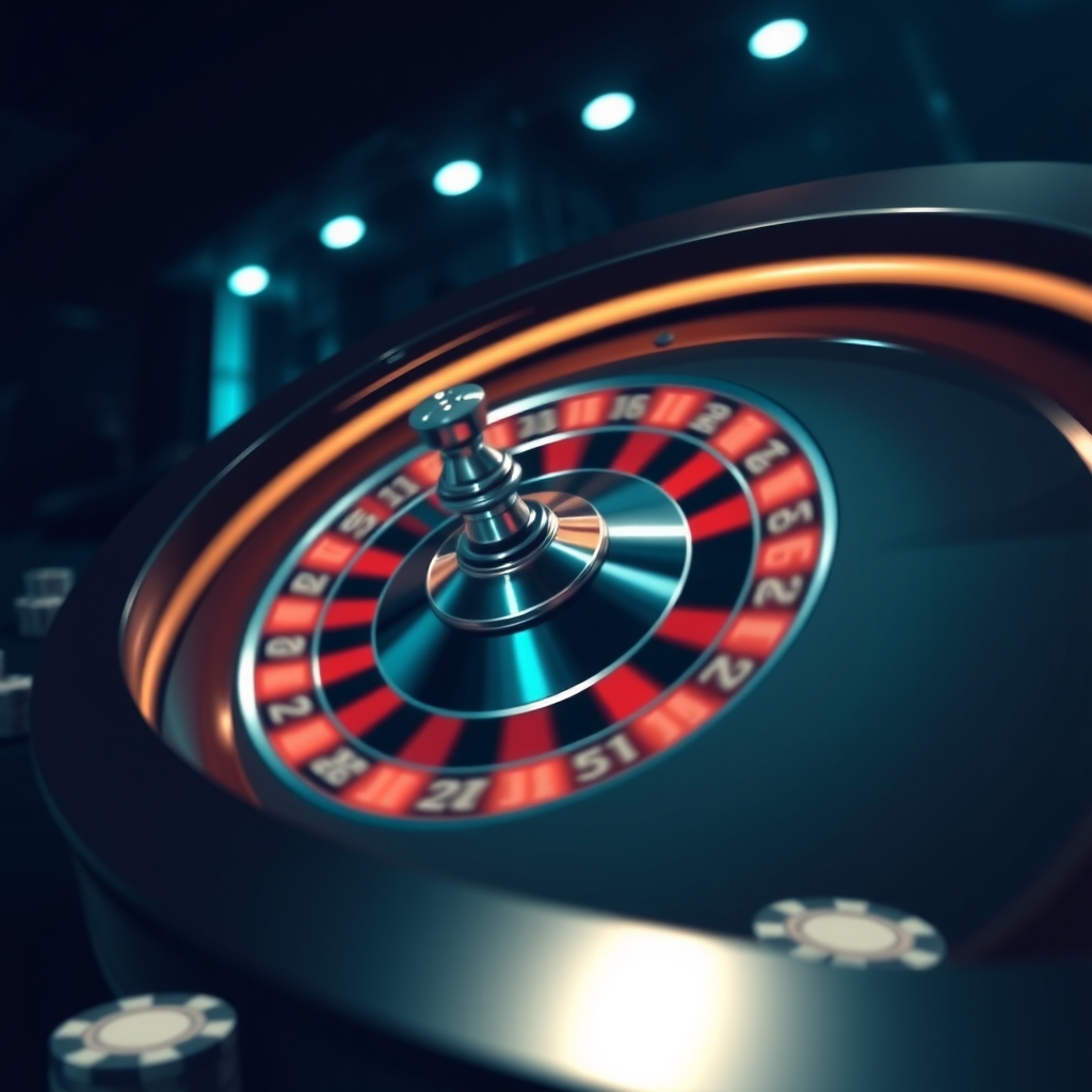 Ruota della roulette live in movimento con luci teal riflesse